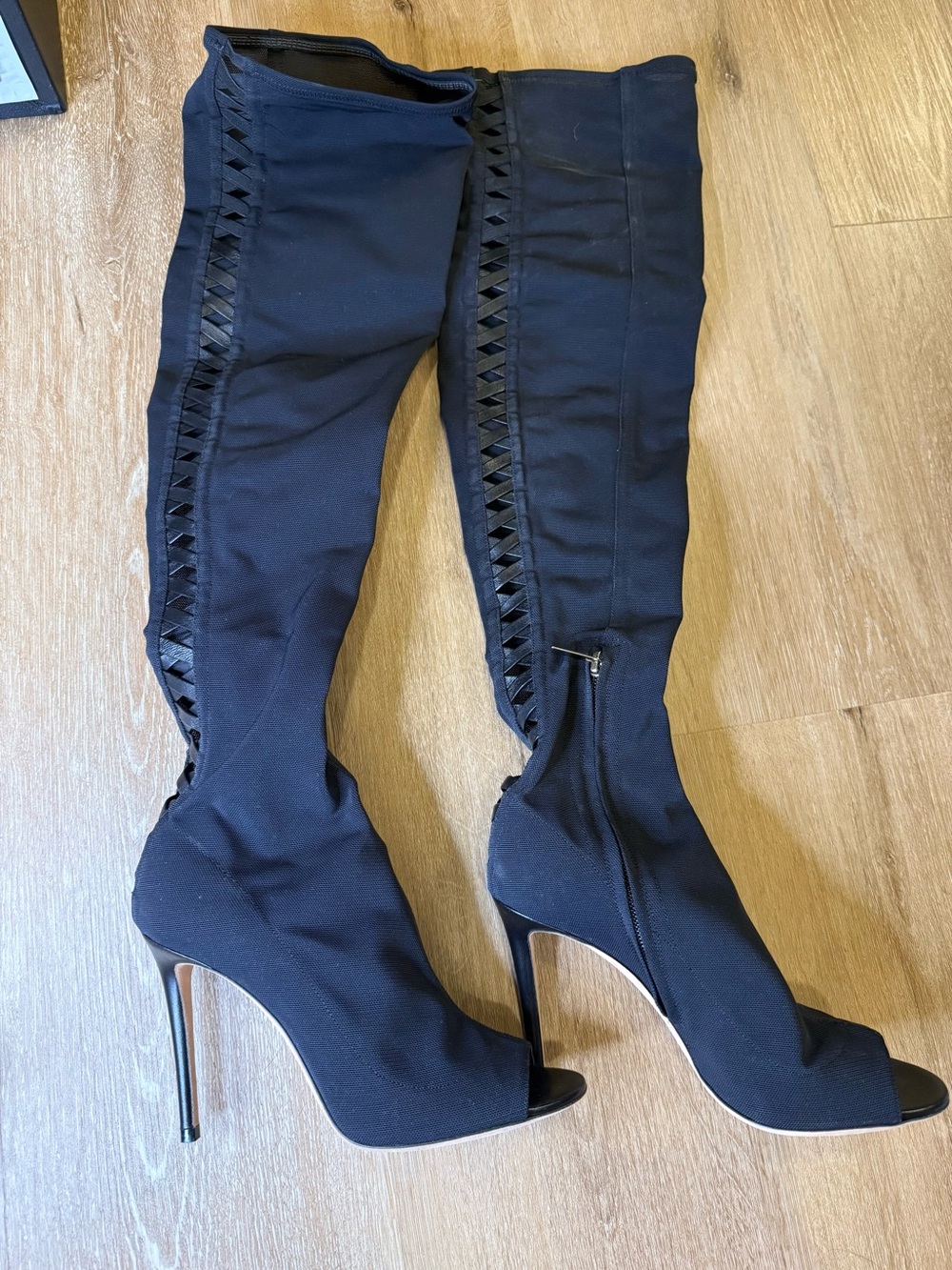 Jimmy Choo Thigh High Mesh 4” Heels, Boots Peep Toe Size 37 fits 36 Black